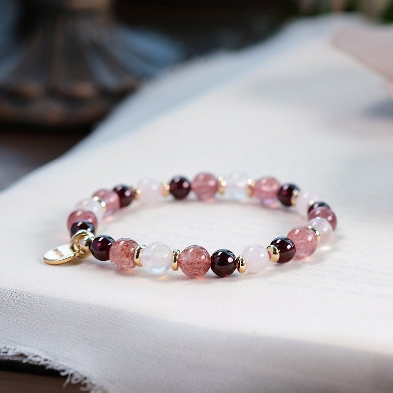 草莓晶 石榴石 粉晶 月光石 手链 天然矿石水晶 - 手链/手环 - 宝石 粉红色