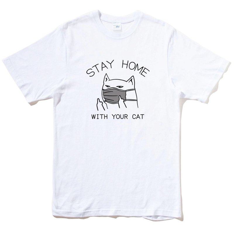 STAY HOME WITH YOUR CAT 短袖T恤 白色 跟你的猫咪待在家里 - 男装上衣/T 恤 - 棉．麻 白色