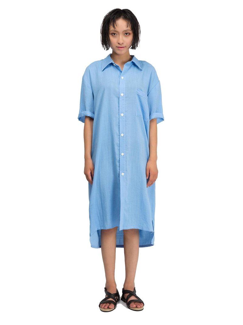 原创文艺棉麻OVERSIZE长款五分袖女装衬衫 BY JANWONG （定制款） - 女装衬衫 - 棉．麻 蓝色