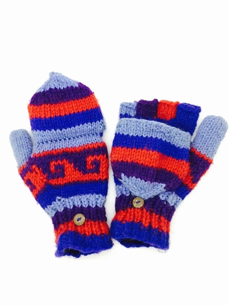 尼泊尔100%wool手工厚针织纯羊毛手套-红x蓝x紫 北欧风格 - 手套 - 羊毛 多色