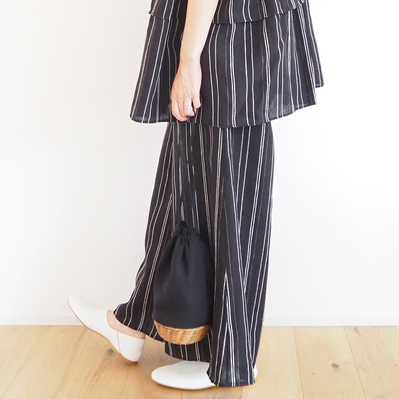Pre-order Linen stripe wide pants - 女装衬衫 - 棉．麻 黑色