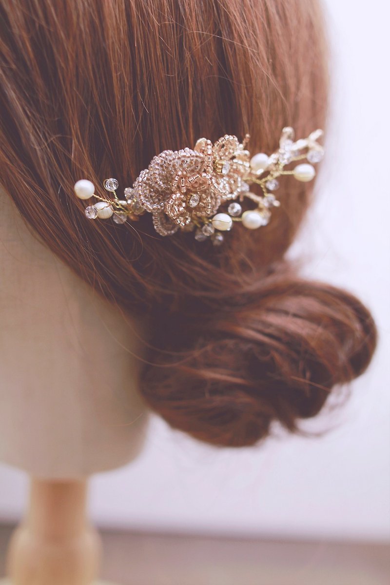 新娘头饰-华丽串珠花型款 Gold Bridal Headpiece,Boho Headpiece - 发饰 - 玻璃 金色