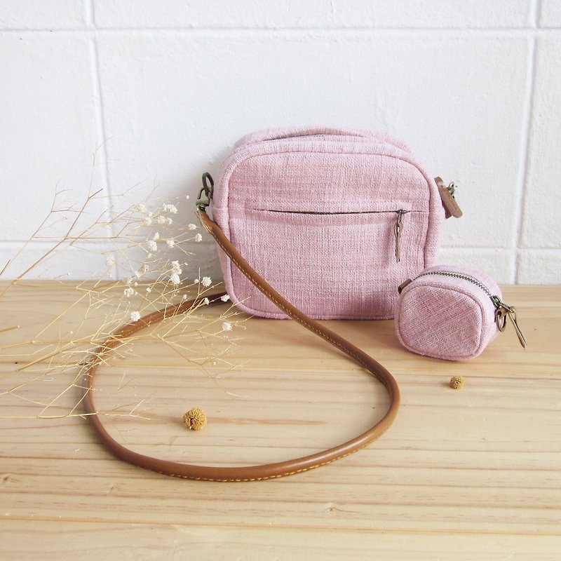 Goody Bag / A Set of Cross-body Bag Little Tan Mini Bag with Little Coin Bag in Pink Color Cotton - 侧背包/斜挎包 - 棉．麻 粉红色