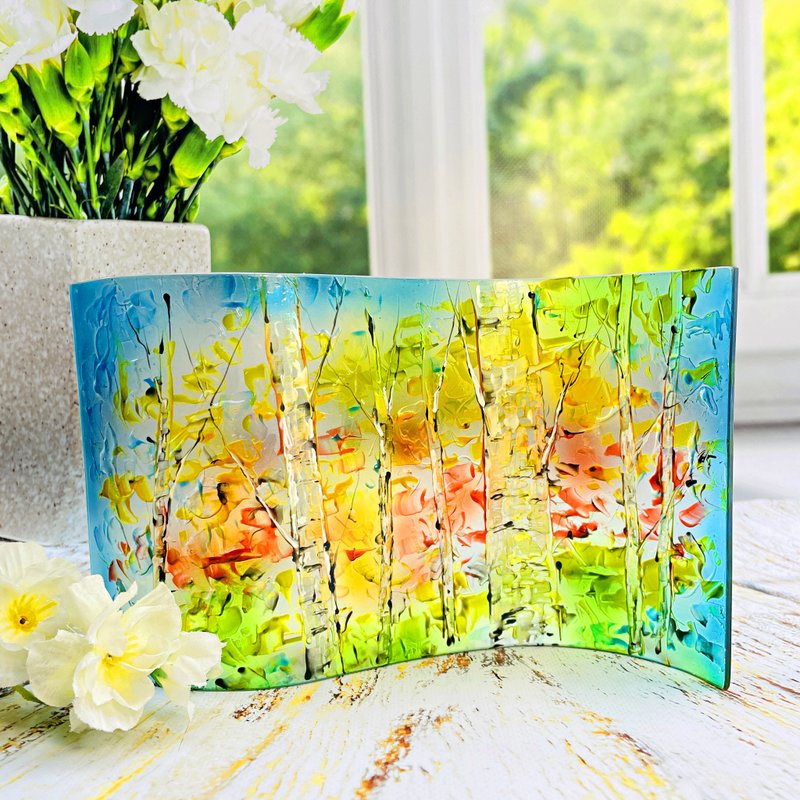 Glass wave art birch tree painting. Glass panel. Glass screen. - 其他 - 玻璃 多色