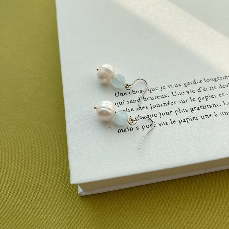 【粉蓝珍珠泡泡】天然石珍珠耳环 - 耳环/耳夹 - 玉石 白色