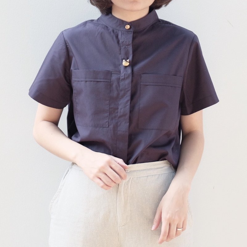 Henry Blouse -Navy - 女装上衣 - 其他材质 蓝色