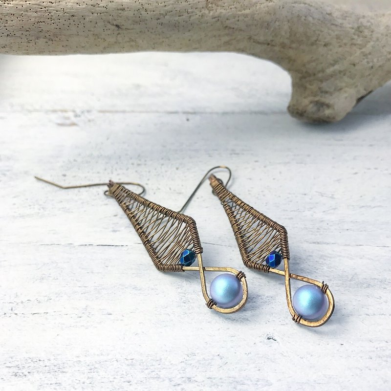 手工铜作耳环 - 玻璃珍珠 - 耳环/耳夹 - 其他金属 蓝色