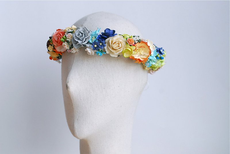 Paper Flower, flora crown, circle diameter 20 cm., adjustment on the back. Grey, mint, deep blue, peach ,dry brown, green and ivory color - 发饰 - 纸 红色