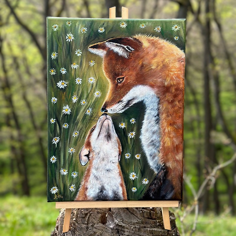 原创画布画狐狸和幼崽，狐狸墙艺术林地动物狐狸肖像 - 墙贴/壁贴 - 棉．麻 绿色