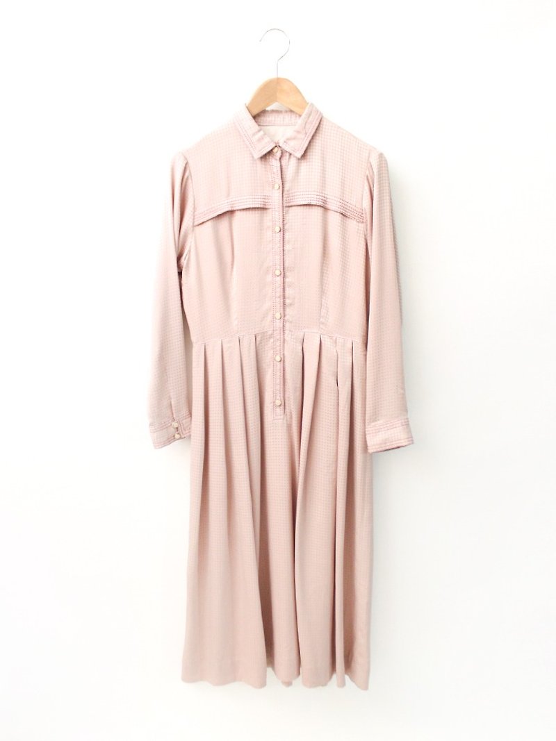 日本制复古裸粉色可爱格纹格子长袖古着洋装 Japanese Vintage Dress - 洋装/连衣裙 - 聚酯纤维 粉红色