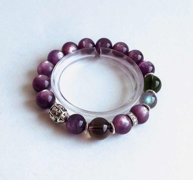 宝石系 天然 紫锂云母10.3mm 茶晶 绿陨石 拉长石925纯银 手链 - 手链/手环 - 宝石 紫色