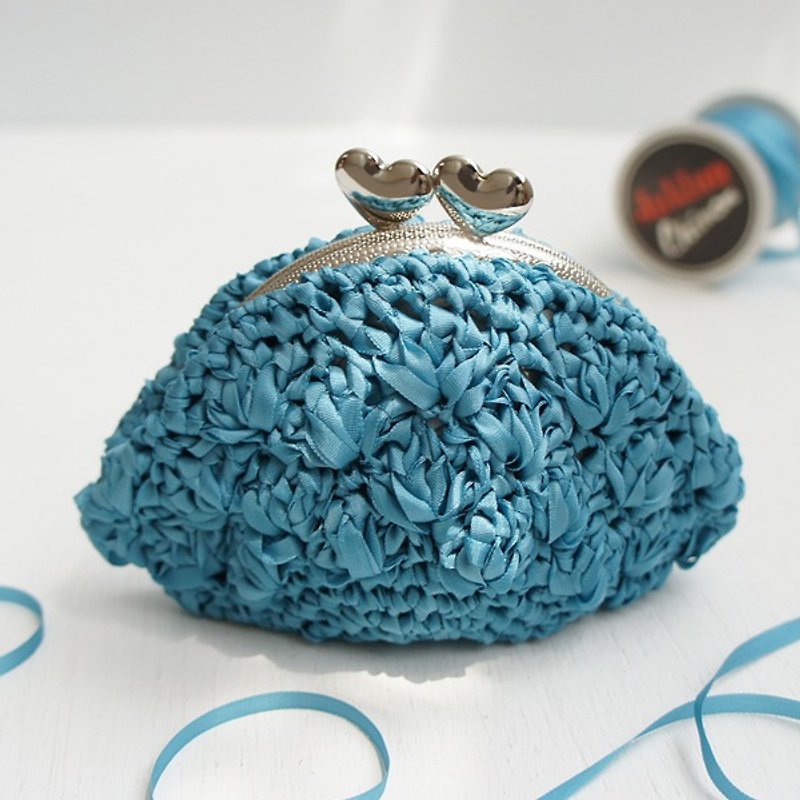 Ba-ba handmade☆ribbon yarn crochet coinpurse (No.C940） - 化妆包/杂物包 - 其他材质 蓝色