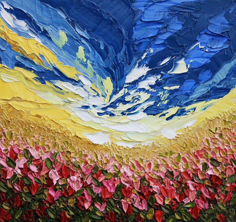 Meadow Painting Poppy Original Art Impasto Artwork Floral Landscape 25 by 25 cm - 海报/装饰画/版画 - 其他材质 蓝色