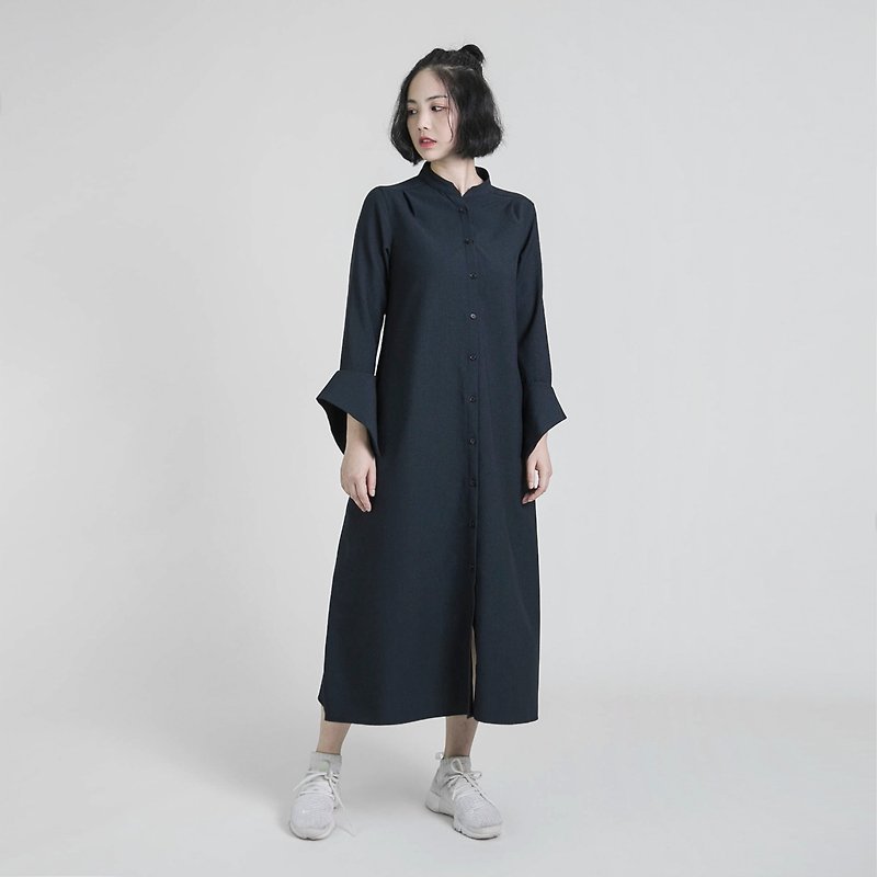 Jung 荣格毛料造型洋装_8AF102_丈青 - 洋装/连衣裙 - 棉．麻 蓝色