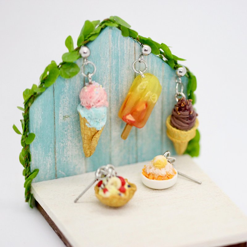 袖珍清凉夏日冰品套组耳环 Miniature Ice Cream earring 芒果冰 - 耳环/耳夹 - 粘土 绿色