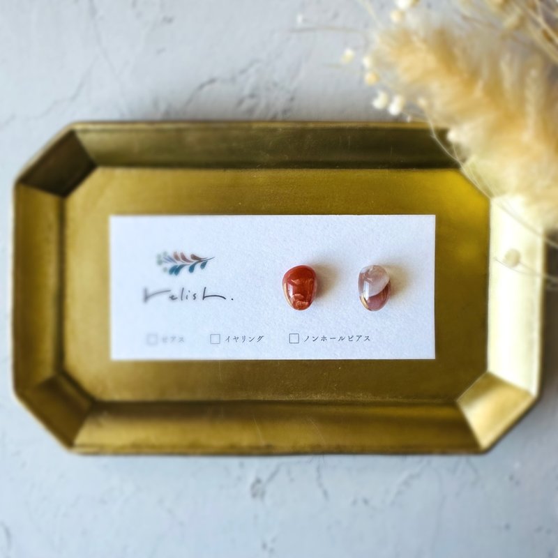 【转售】Sardonyx Kintsugi耳针夹式耳夹橙金天然石简约办公 - 耳环/耳夹 - 石头 橘色