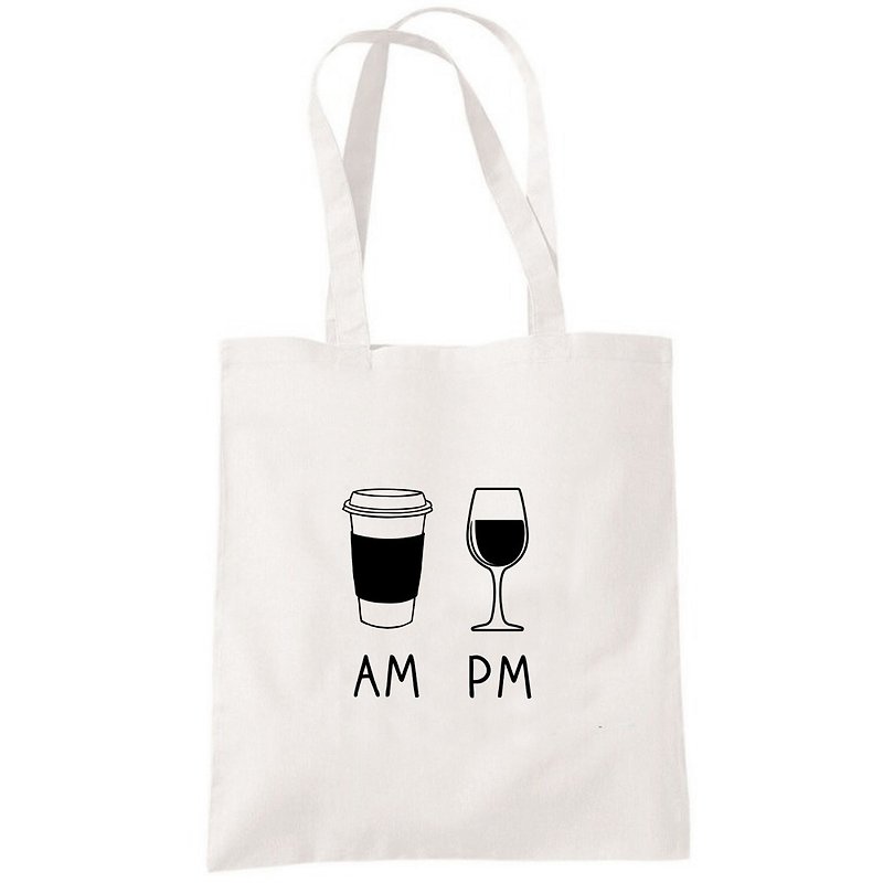 COFFEE AM WINE PM 帆布包 购物袋 米白 环保 咖啡 酒 插画 - 手提包/手提袋 - 其他材质 白色