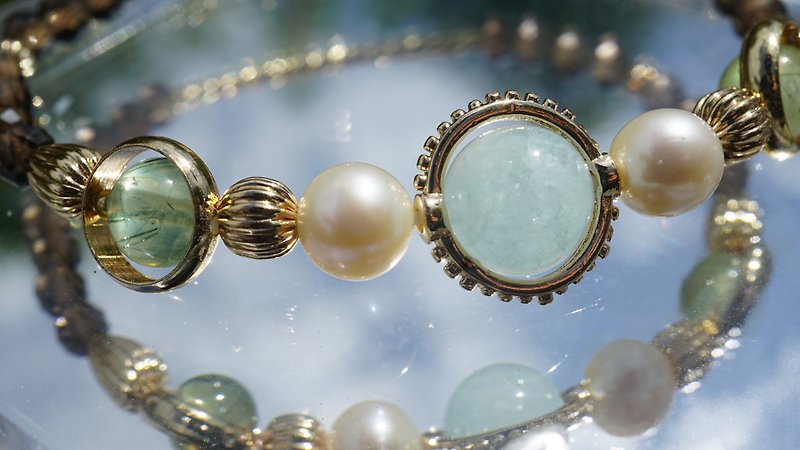 | 南国 | 海蓝宝 淡水珍珠 葡萄石 茶晶 14K镀金 天然石 水晶 - 手链/手环 - 半宝石 蓝色