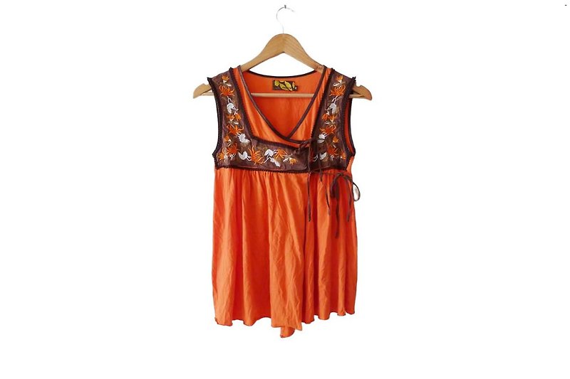 Vintage Orange and brown tone sleeveless wrap Top,embroidery detail, Small - 女装上衣 - 棉．麻 橘色