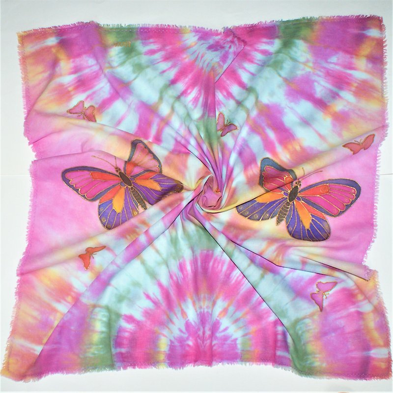 Square cotton scarf Cotton scarf batik Hand painted scarf with butterflies - 丝巾 - 棉．麻 多色