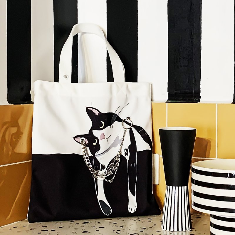 猫咪双面插画帆布包-黑白奶牛猫(包链项链两用) - 手提包/手提袋 - 聚酯纤维 白色