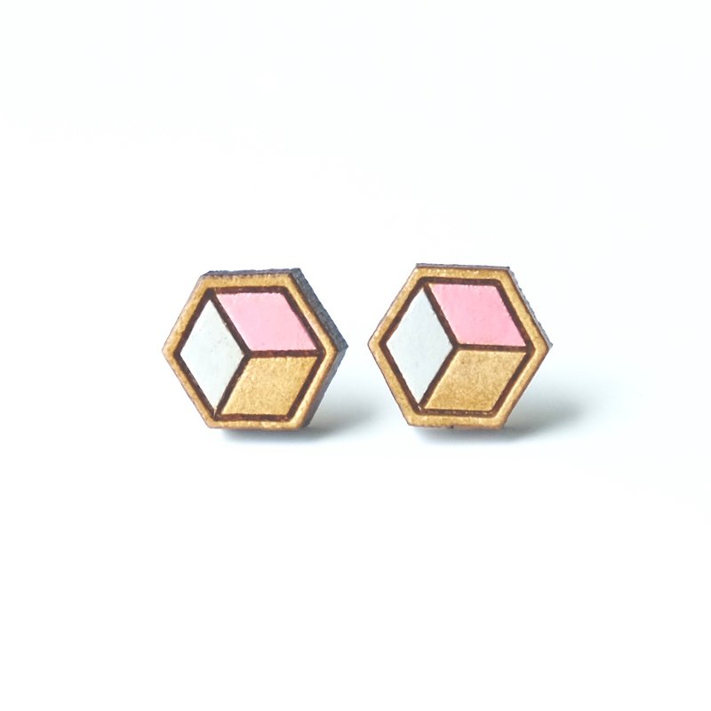 彩绘木耳环-几何六角(粉红) - 耳环/耳夹 - 木头 粉红色
