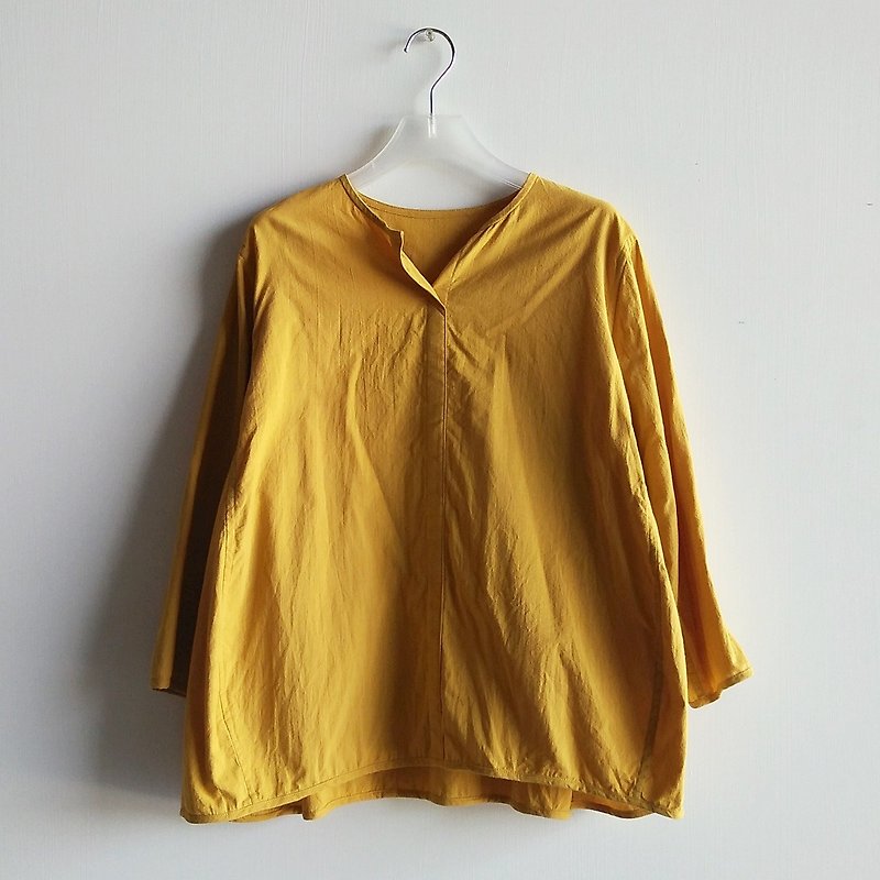 小V领八分袖衫  水洗棉  芥黄 - 女装上衣 - 棉．麻 黄色