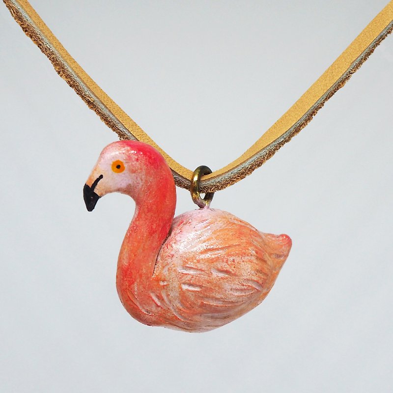 小火烈鸟手工手绘颈链/坠子 Flamingo handmade necklace - 颈链 - 粘土 粉红色