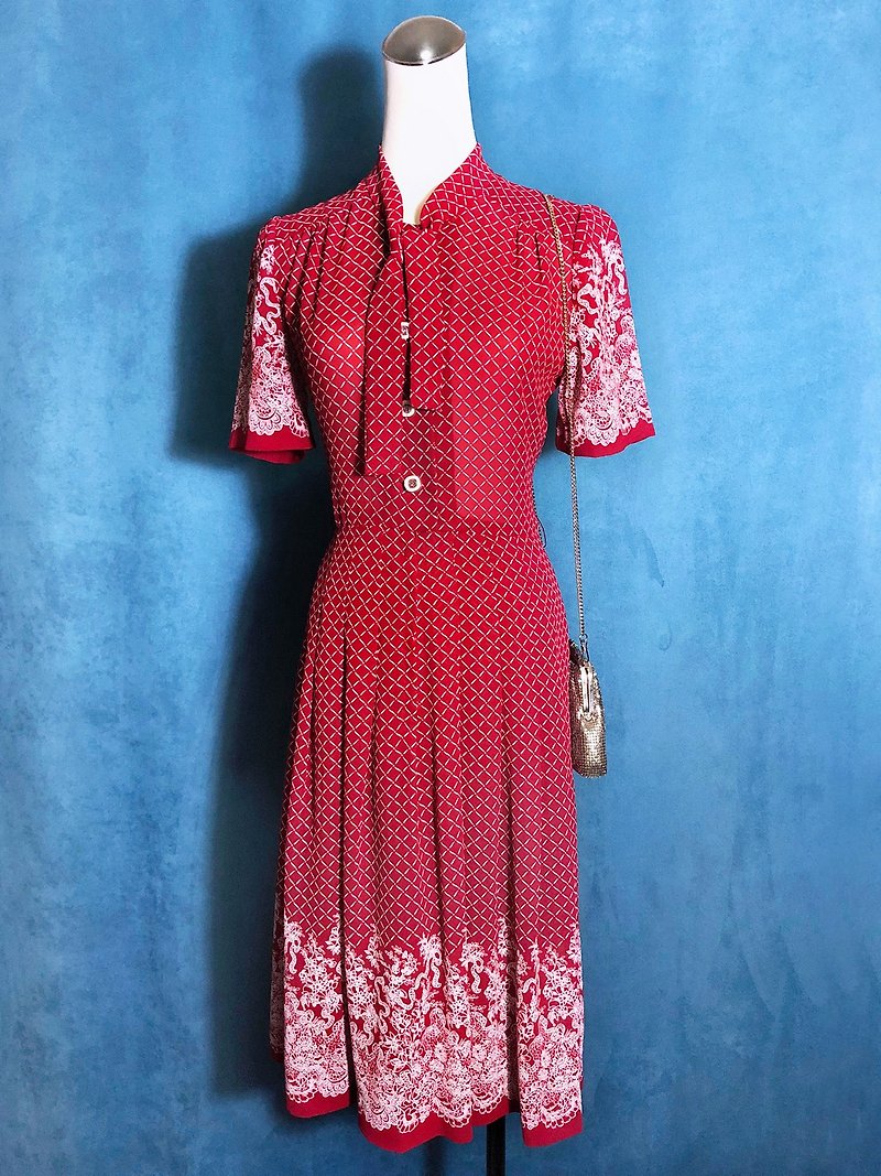 格纹领结印花短袖古着洋装/ 国外带回 VINTAGE - 洋装/连衣裙 - 聚酯纤维 红色