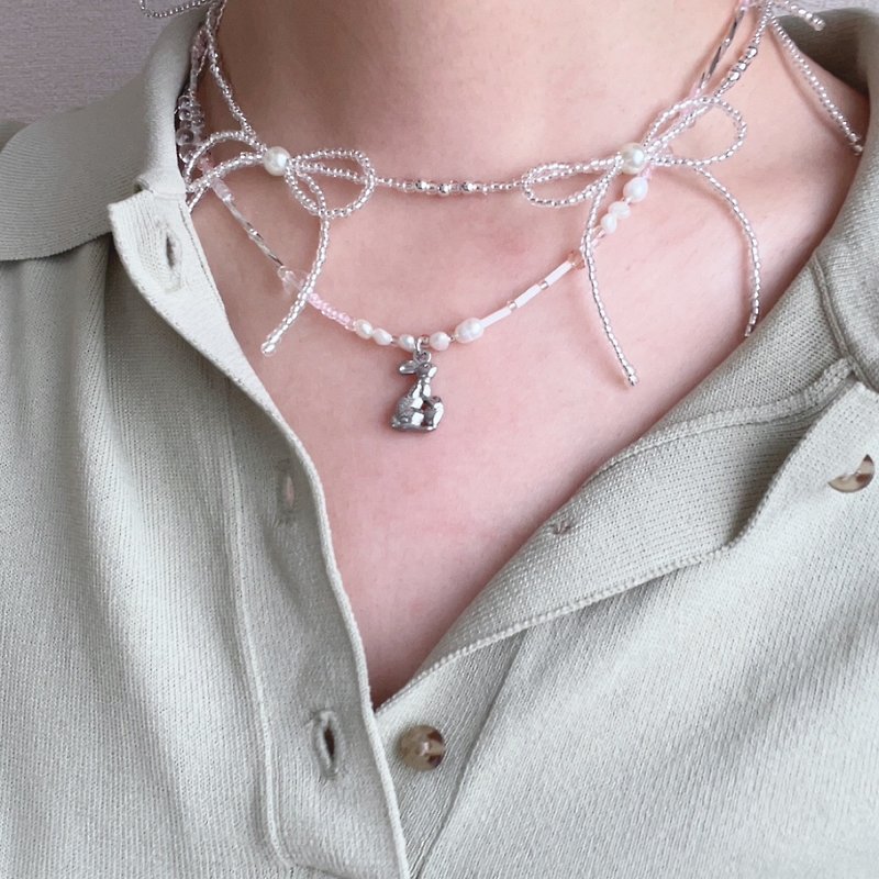 珠子丝带项链 珍珠丝带项链配银色闪光珠子 - 项链 - 其他材质 