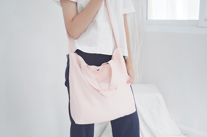 Casual 2 Ways Linen Tote Bag (Soft Pink) - 侧背包/斜挎包 - 亚麻 粉红色