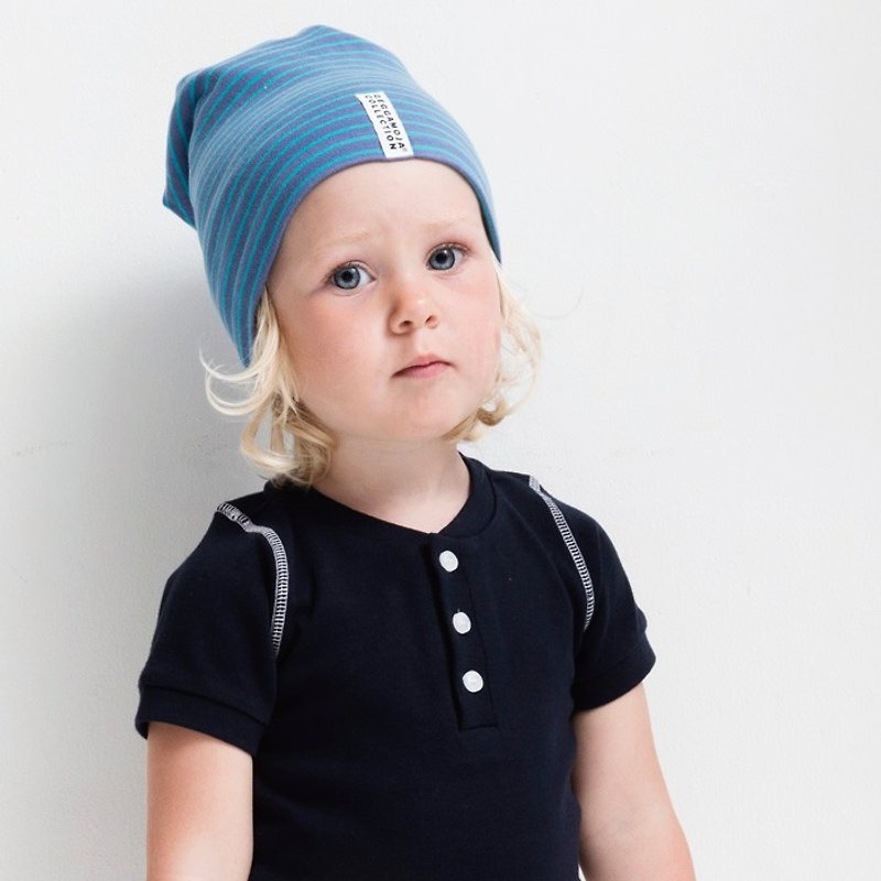 【北欧童装】瑞典有机棉条纹儿童帽子1岁至4岁 蓝/海水蓝 - 婴儿帽/发带 - 棉．麻 蓝色