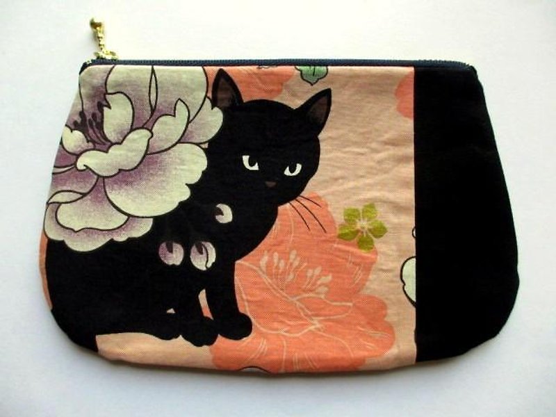 黒猫の和柄平ポーチ＊オレンジＡ - 化妆包/杂物包 - 棉．麻 黄色