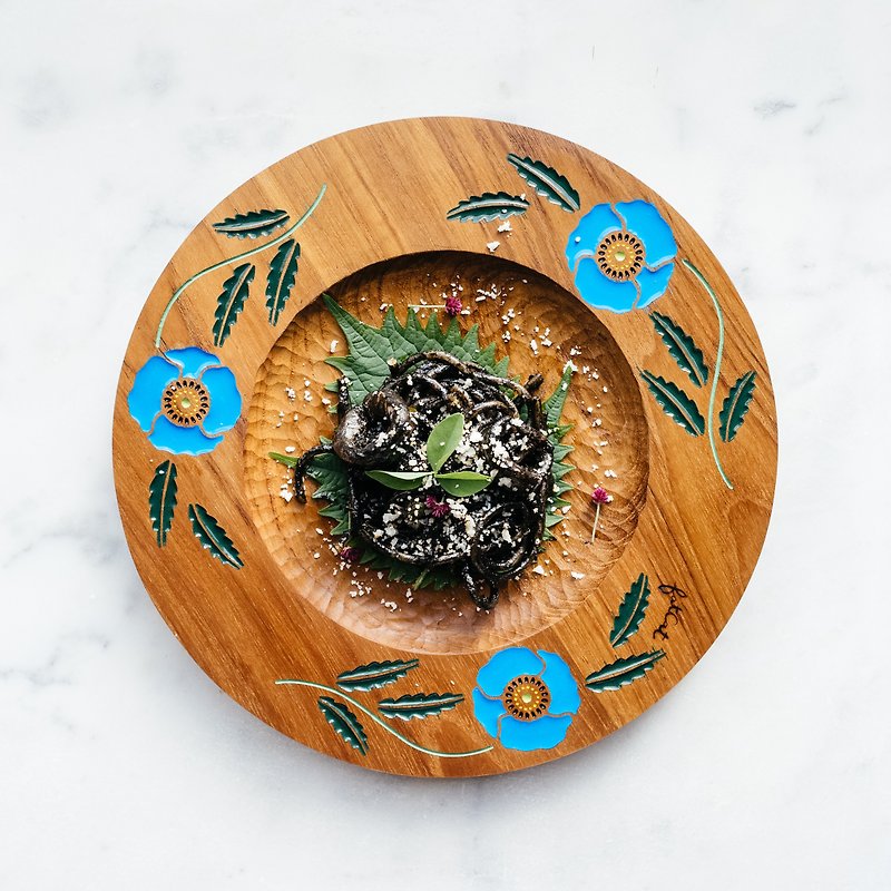 Himalayan Blue Poppy Teak Plate - 浅碟/小碟子 - 木头 咖啡色