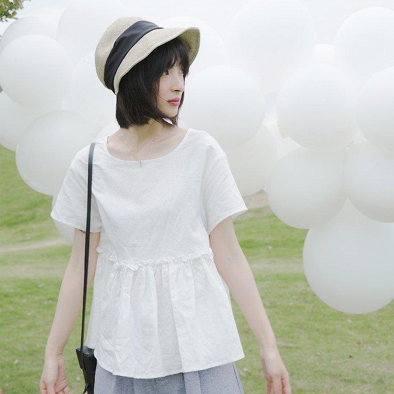 日系圆领娃娃衫|衬衫|亚麻+棉|独立品牌|Sora-141 - 女装衬衫 - 棉．麻 白色