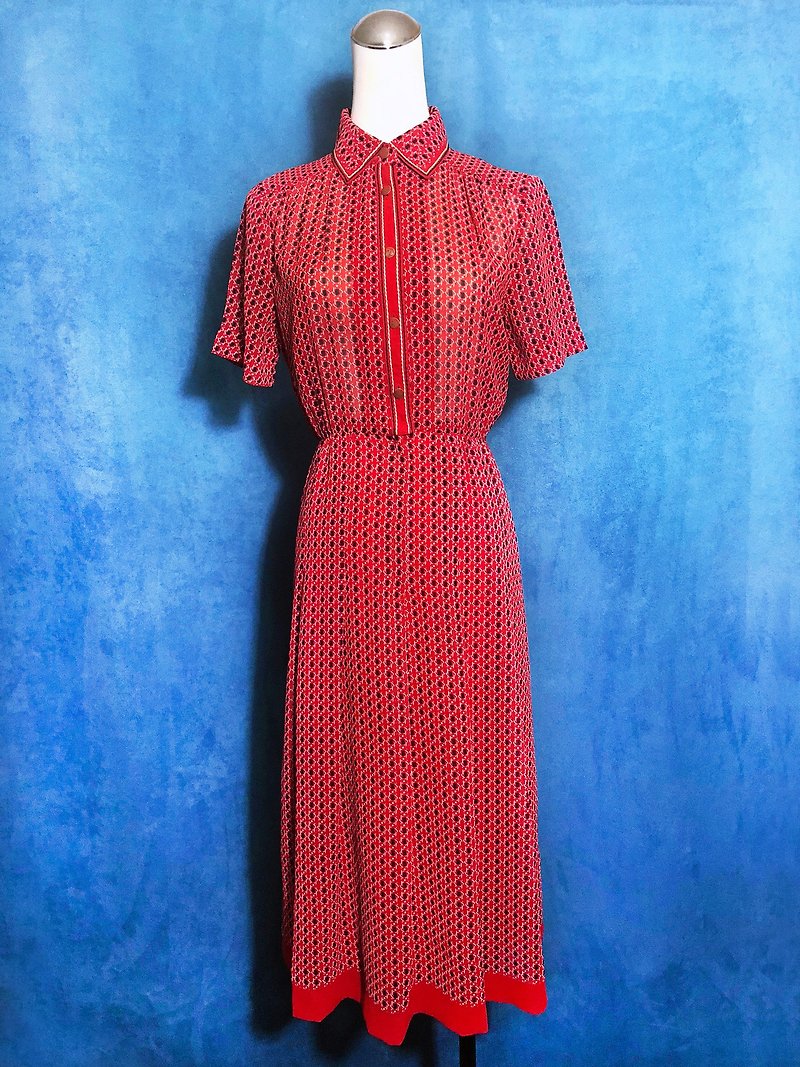 复古格纹短袖古着洋装 / 国外带回 VINTAGE - 洋装/连衣裙 - 聚酯纤维 红色