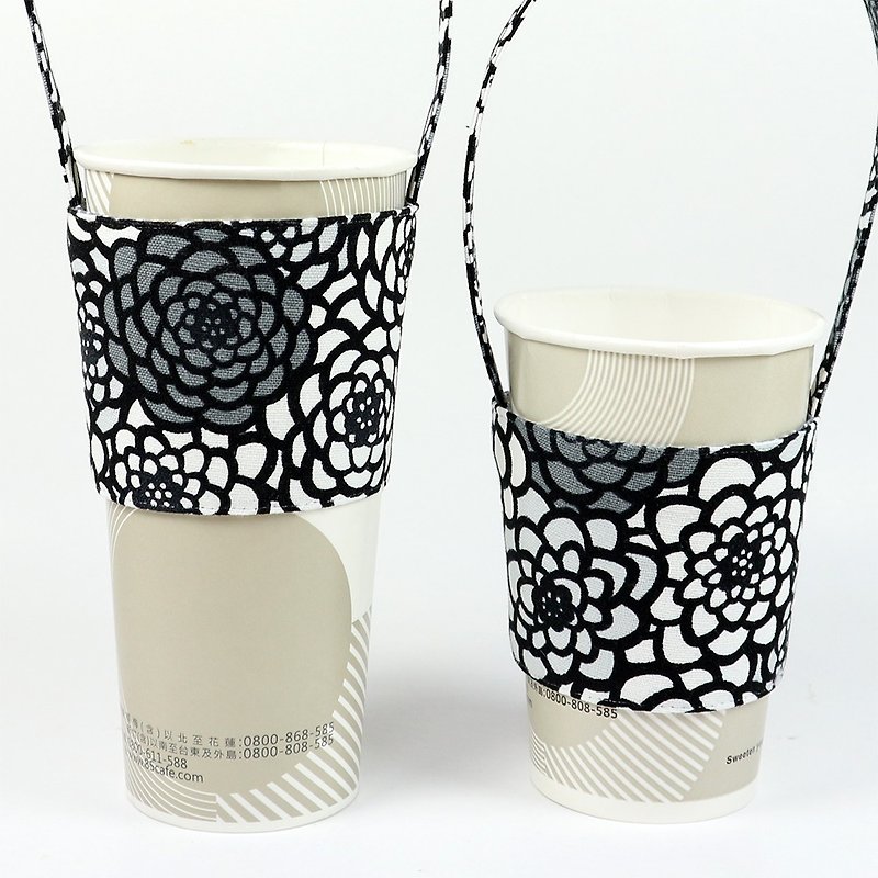 饮料杯套 环保杯套 提袋- 彩绘玻璃 花 (黑) - 随行杯提袋/水壶袋 - 棉．麻 黑色