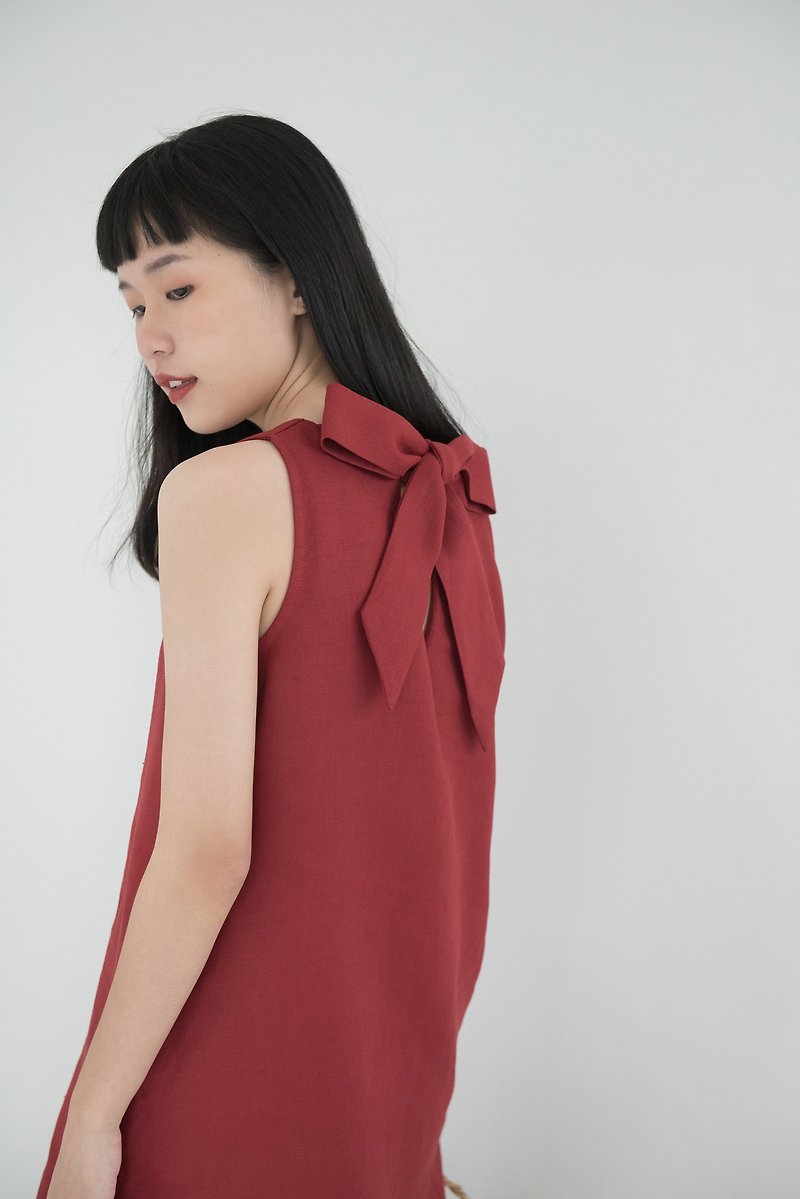Red Berry Big Bow Linen Dress - 洋装/连衣裙 - 亚麻 红色