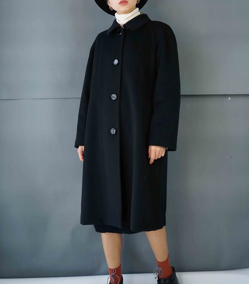 寻宝古着-纯黑连袖超质感毛料长版大衣 - 女装休闲/机能外套 - 羊毛 黑色