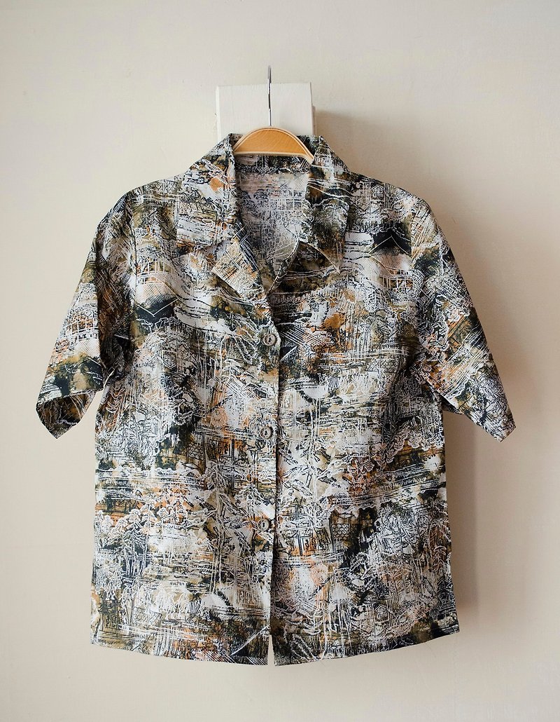 油墨噪音古本山水画图案大地色短袖夏威夷衬衫 | vintage莞洱古着 - 女装衬衫 - 聚酯纤维 