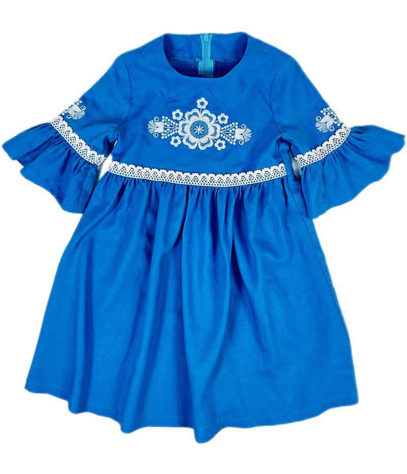 儿童女孩刺绣麻连身裙，荷叶边袖有机天然连身裙 - 童装礼服/连衣裙 - 棉．麻 
