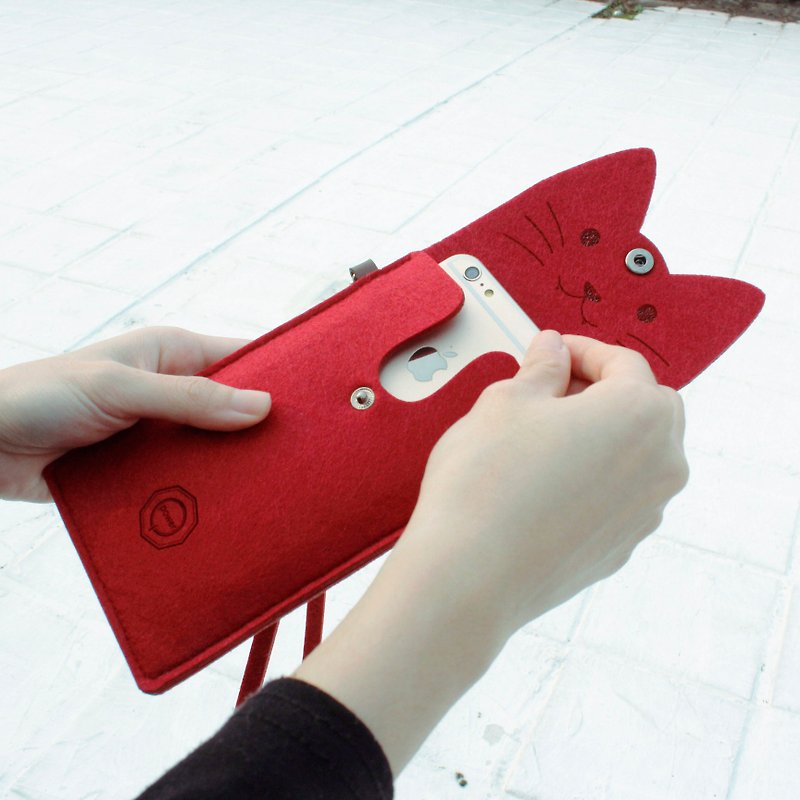 打开一只猫-羊毛毡猫咪手机包/附颈带- Ruby red 酒红猫 - 手拿包 - 羊毛 红色
