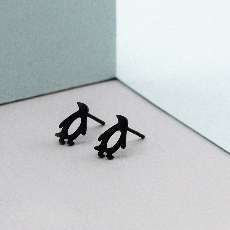 迷你小企鹅钢耳环 - 黑色 - 耳环/耳夹 - 不锈钢 黑色