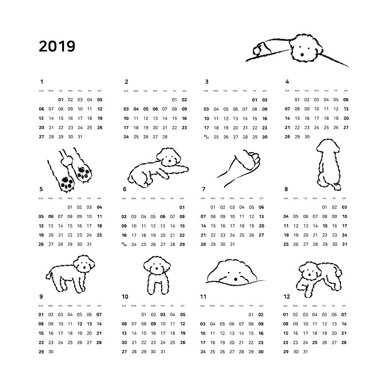2019 dogs illustration Calendar - 年历/台历 - 纸 白色