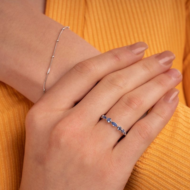 【925纯银】精致晶石戒指 - 天蓝 - 戒指 - 纯银 银色