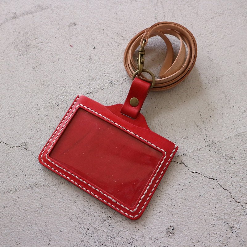 手缝识别证卡套/横式/红身白线(附挂绳) - 证件套/卡套 - 真皮 红色