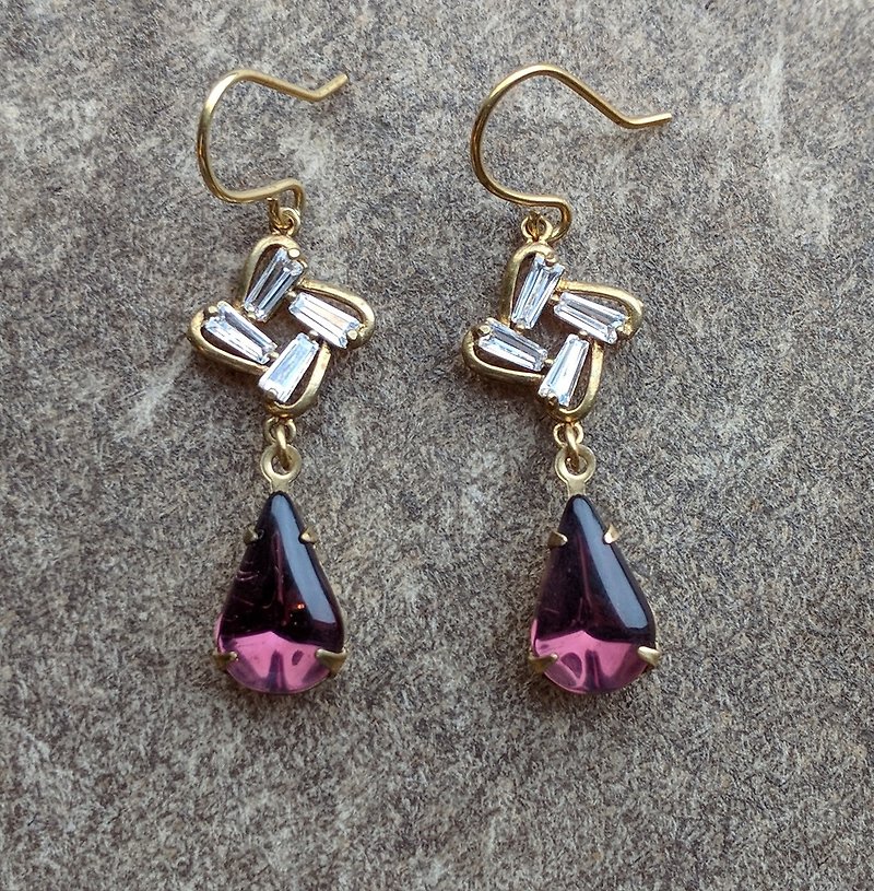 紫色古董玻璃锆石耳环 - 耳环/耳夹 - 玻璃 紫色
