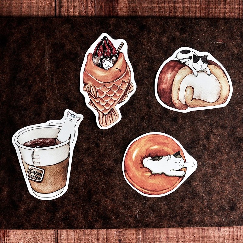 猫咪好食防水贴纸/咖啡/蛋糕卷/甜甜圈/草莓鲷鱼烧-Sticker - 贴纸 - 纸 多色