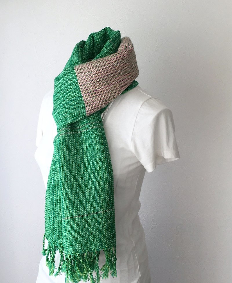 【綿&リネン：オールシーズン】ユニセックス：手織りストール "Pink Green" - 丝巾 - 棉．麻 绿色