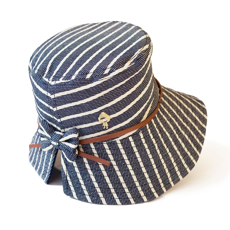 蝴蝶帽/大帽沿 遮阳帽 小颜感(蓝白条纹) - 帽子 - 棉．麻 透明